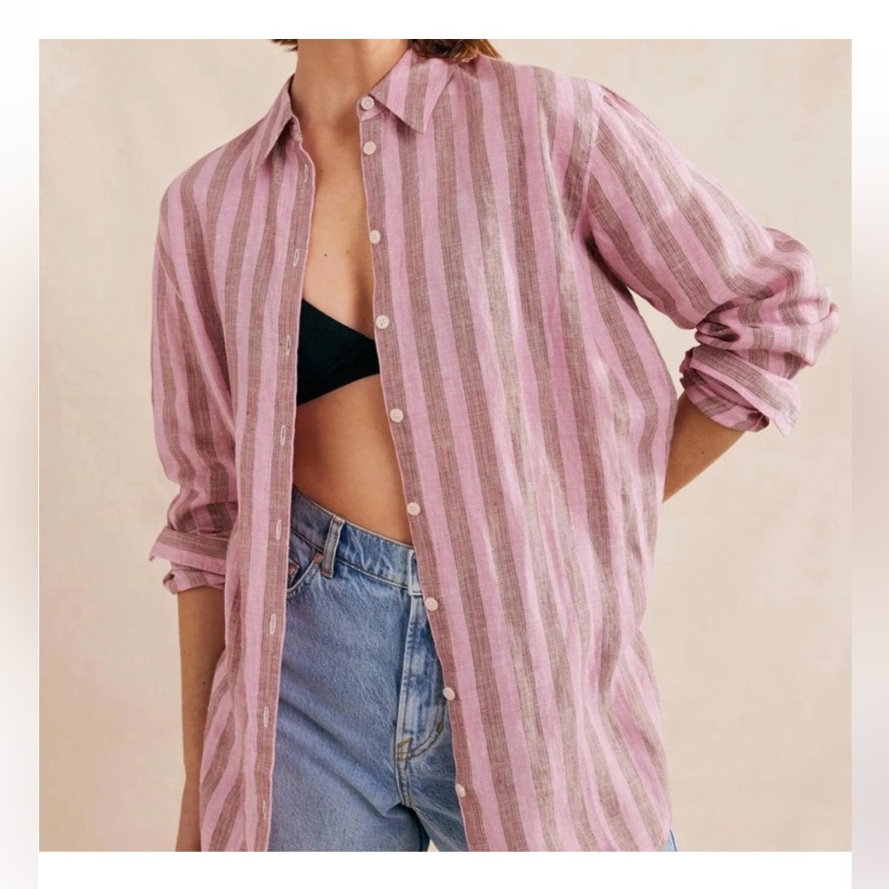 Boden Pink and Gray Over Sized Striped Linen Button Down Shirt - Size 2 Petites